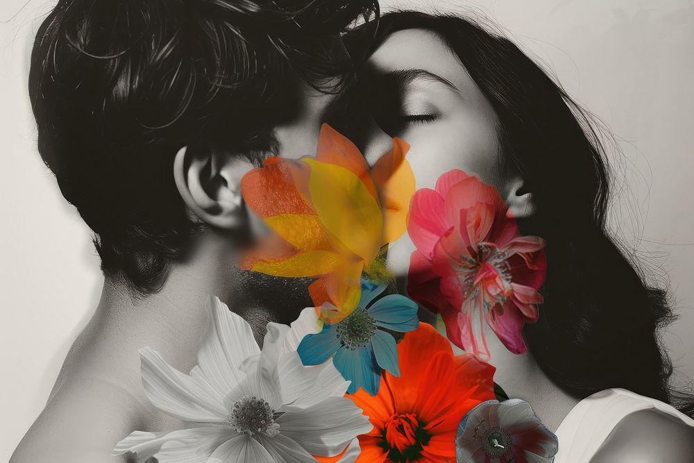 Collage of a couple kissing flower portrait fashion.