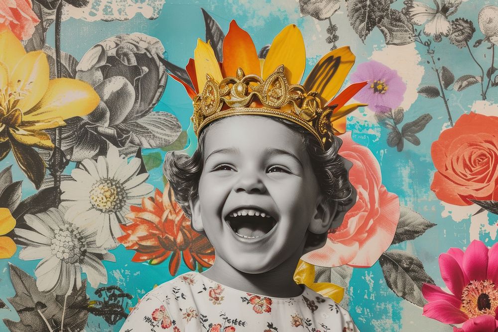 Happy kid with a golden crown flower portrait collage.