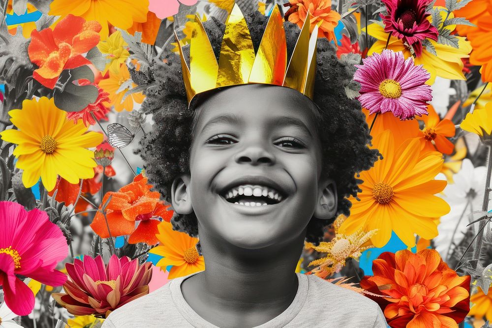 Happy kid with a golden crown flower portrait outdoors.