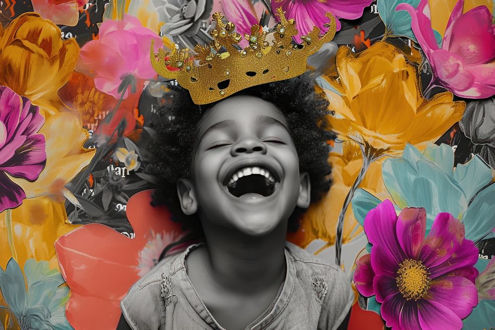 Happy kid with a golden crown flower laughing portrait.