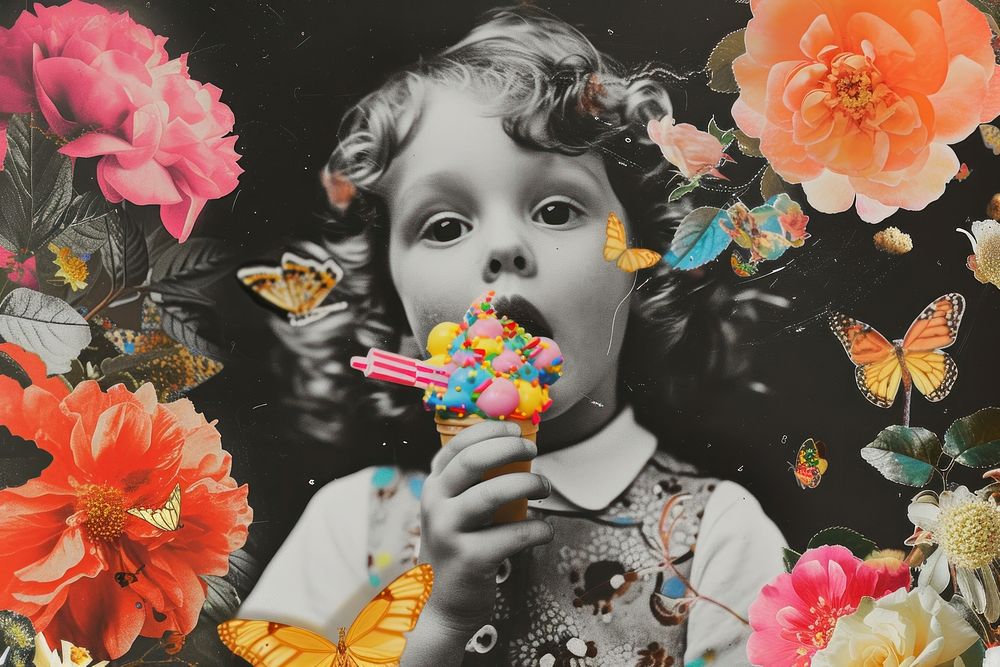Collage of a kid eating colorful ice cream flower plant baby.