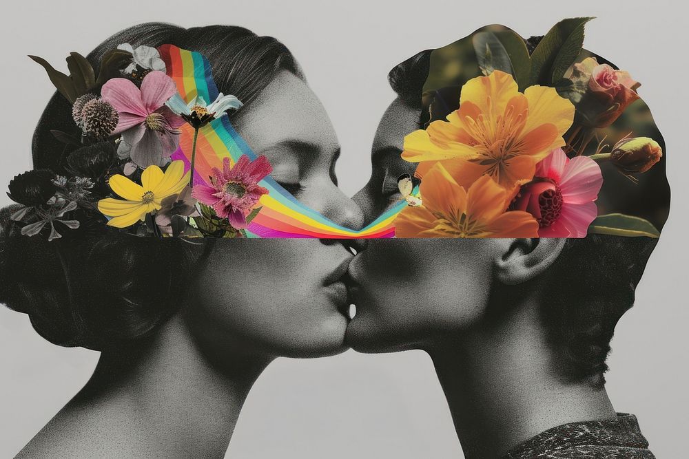 Paper collage of a lgbtg kissing flower portrait.