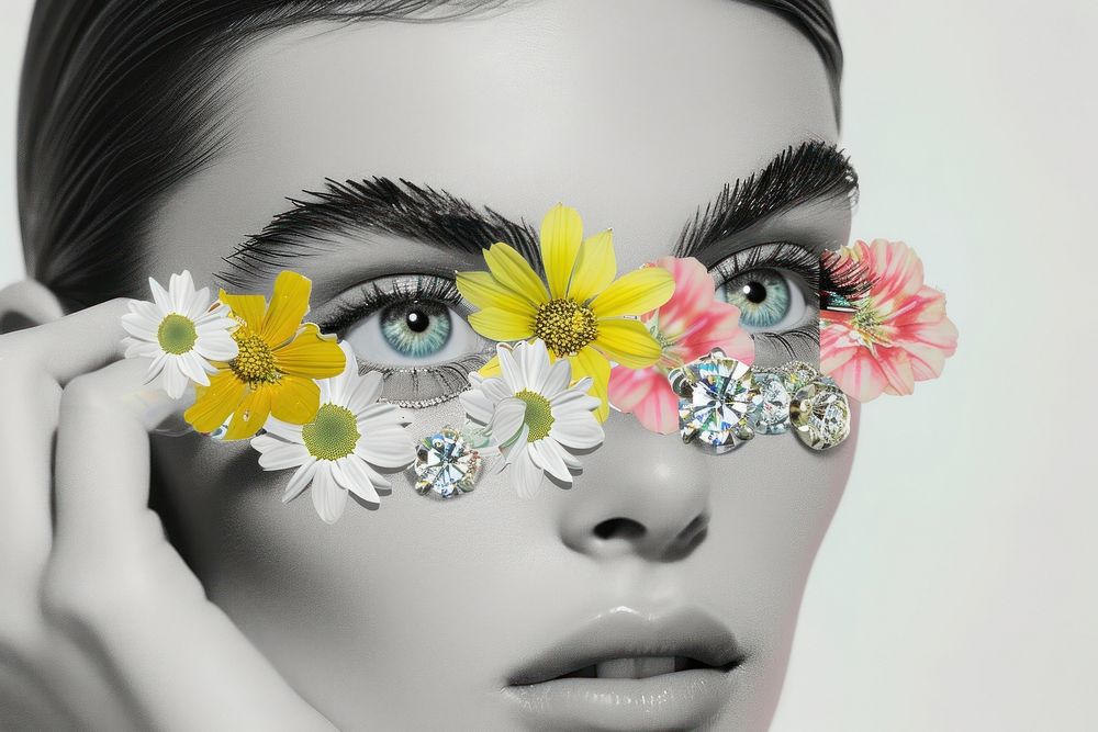 Collage of diamond jewelries flower portrait fashion.