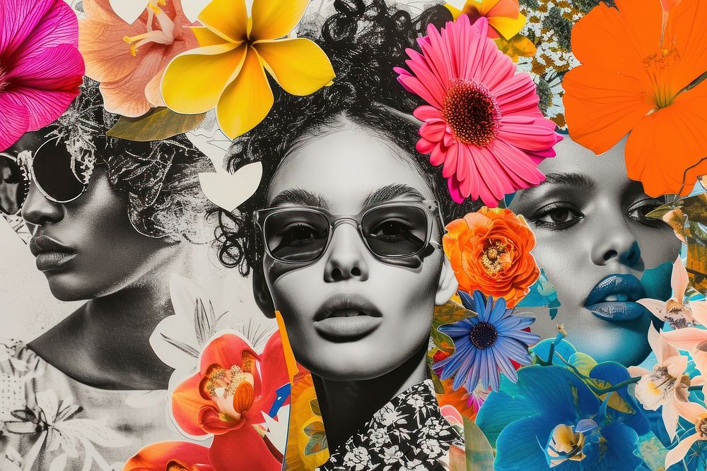 Collage of diversity women flower art sunglasses.