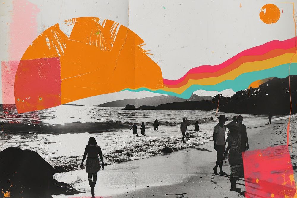 Paper collage of people on the beach art outdoors painting.