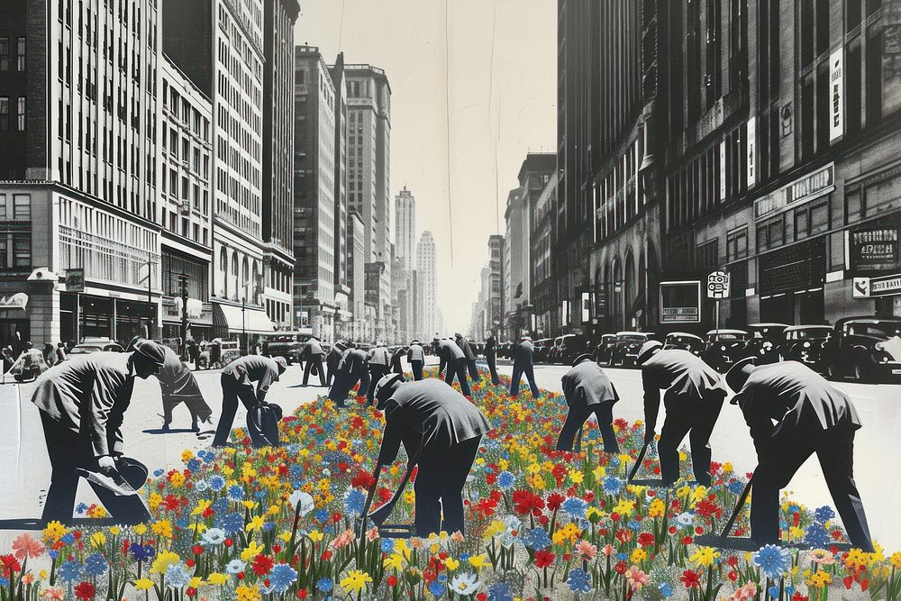 Paper collage of people working street flower architecture.