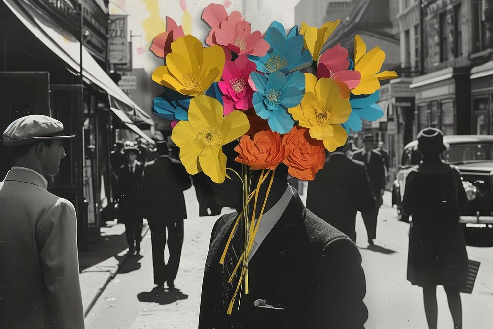 Paper collage of people working flower street petal.
