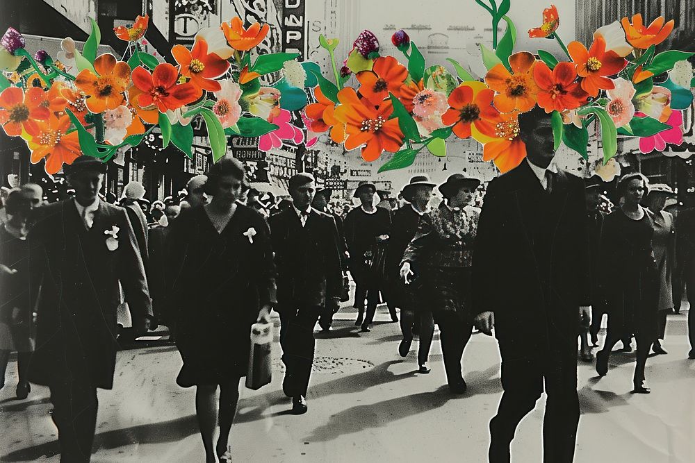 Paper collage of people walking street flower adult.