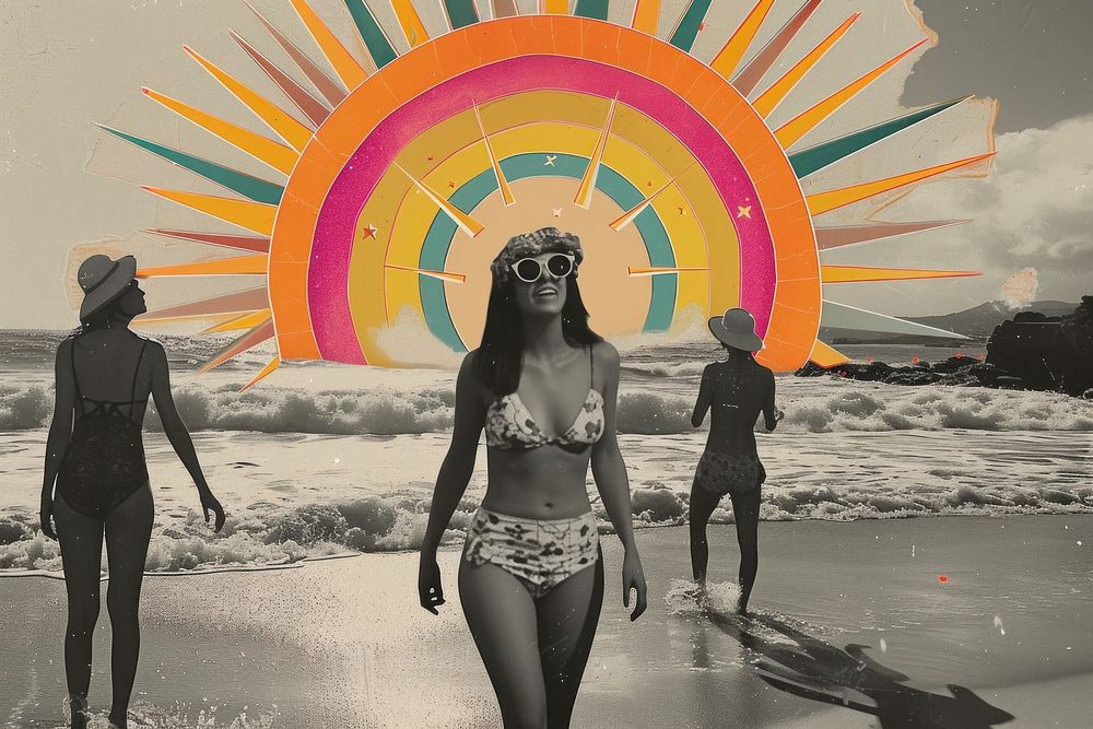 Paper collage of people on the beach swimwear outdoors fashion.
