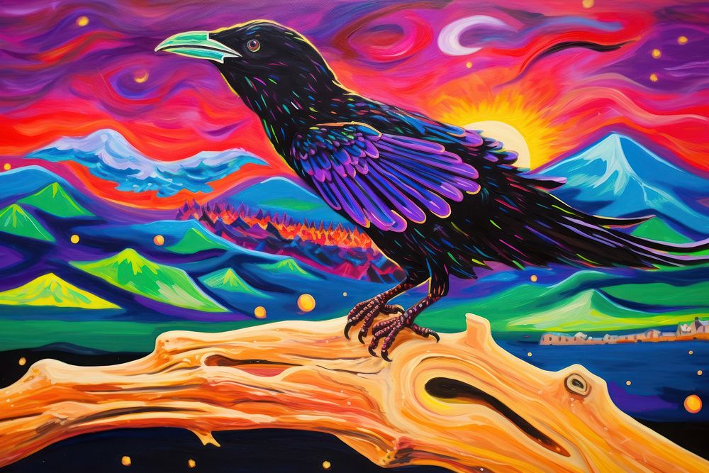 Crow painting animal purple.