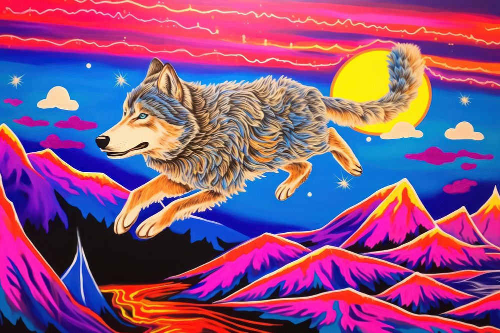A wolf flying painting outdoors animal.