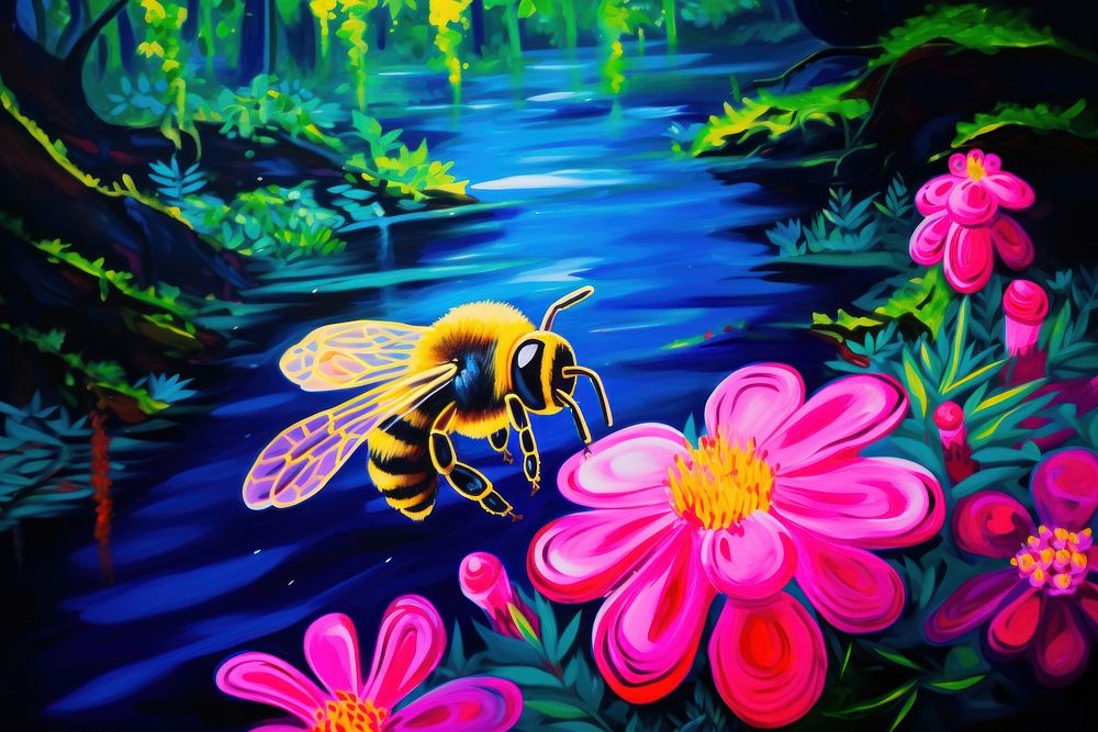 A bee in the forest purple outdoors painting.