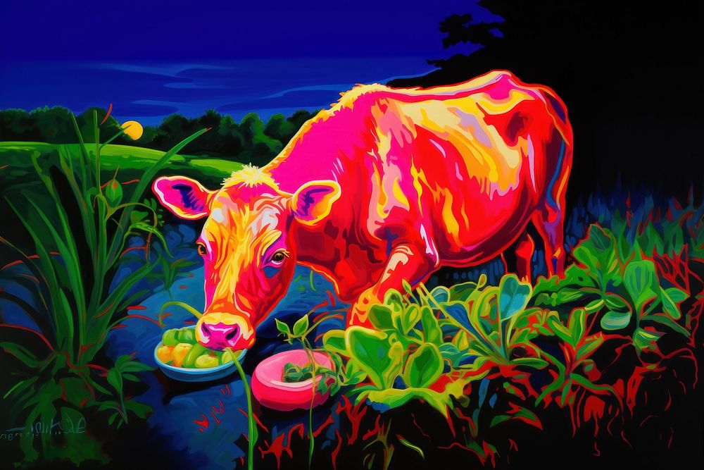 A cow eating grass livestock painting outdoors.