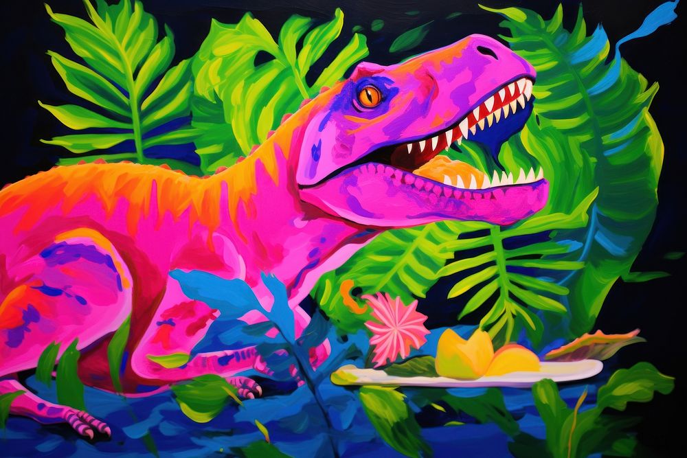 A dinosaur eating leaves painting reptile animal.