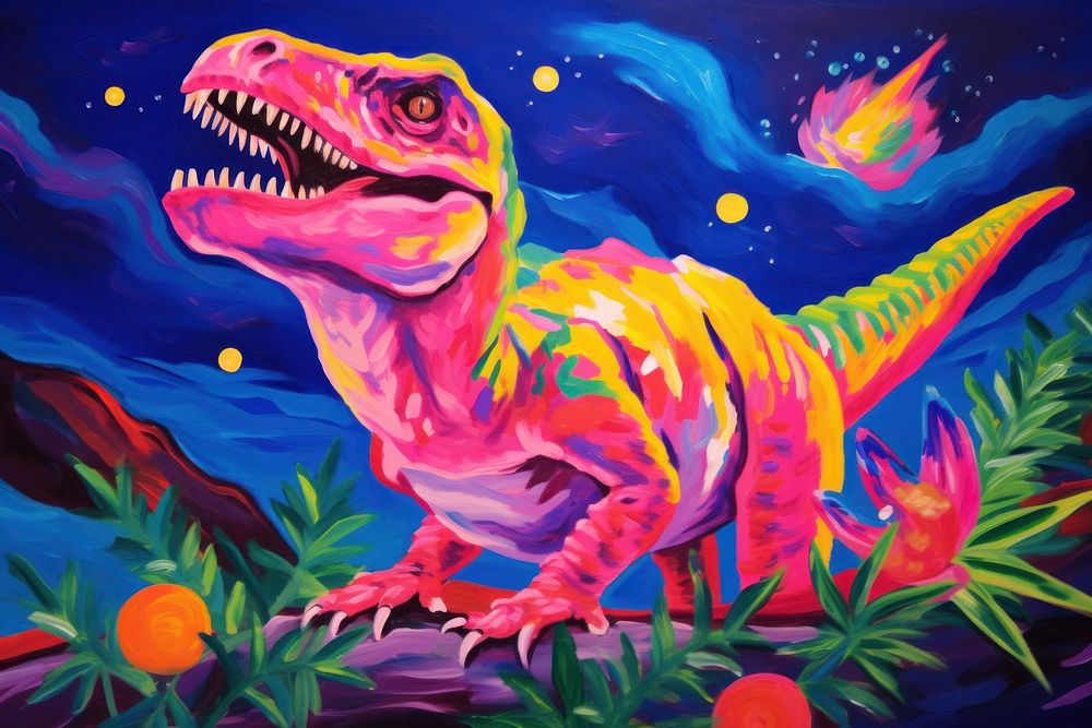 A dinosaur painting purple animal.