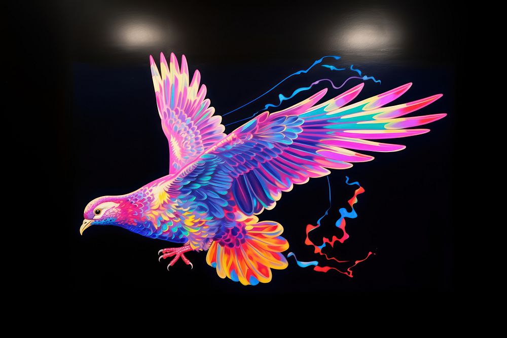 A dove animal flying purple.