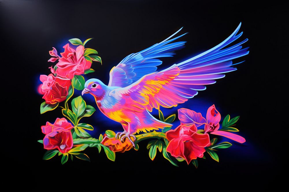 A dove carry a flower painting purple blue.
