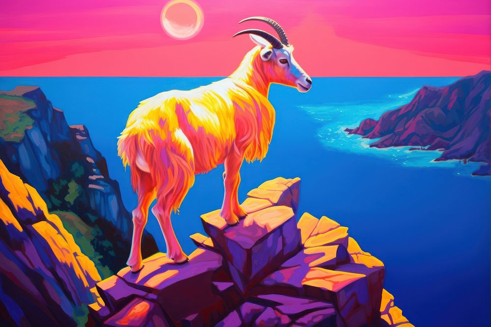 A goat on the cliff livestock painting animal.