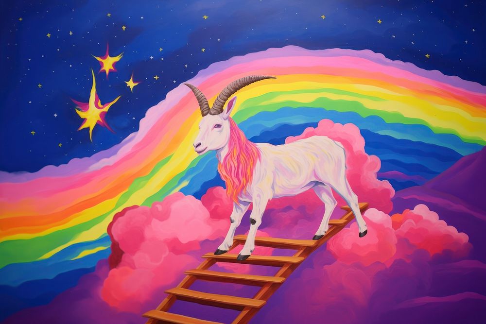 A goat on the sky painting mammal representation.
