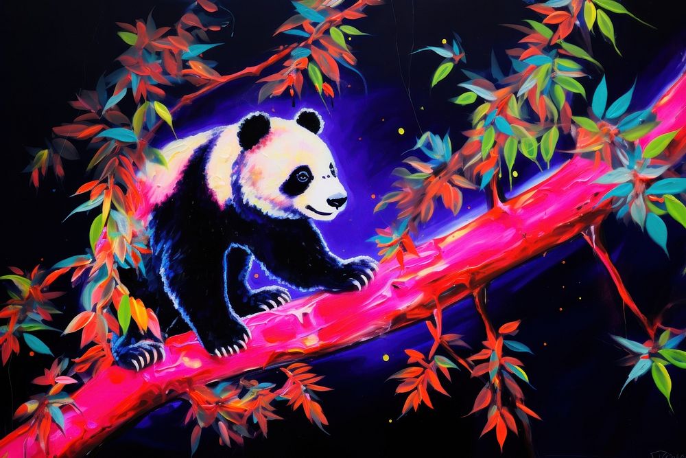 A panda eating tree painting purple bear.