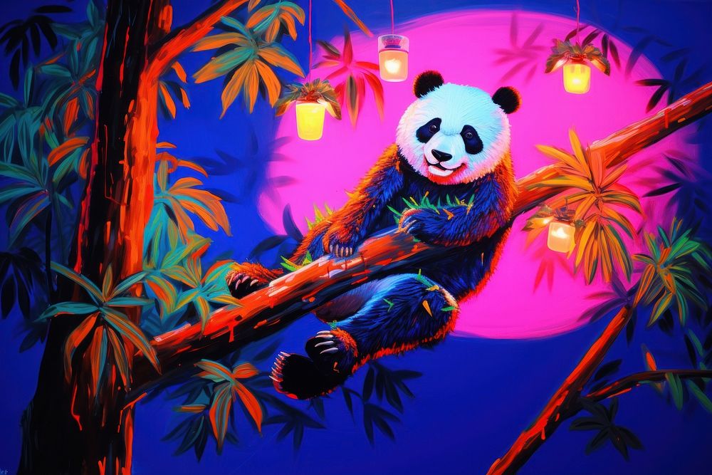 A panda eating tree outdoors painting nature.