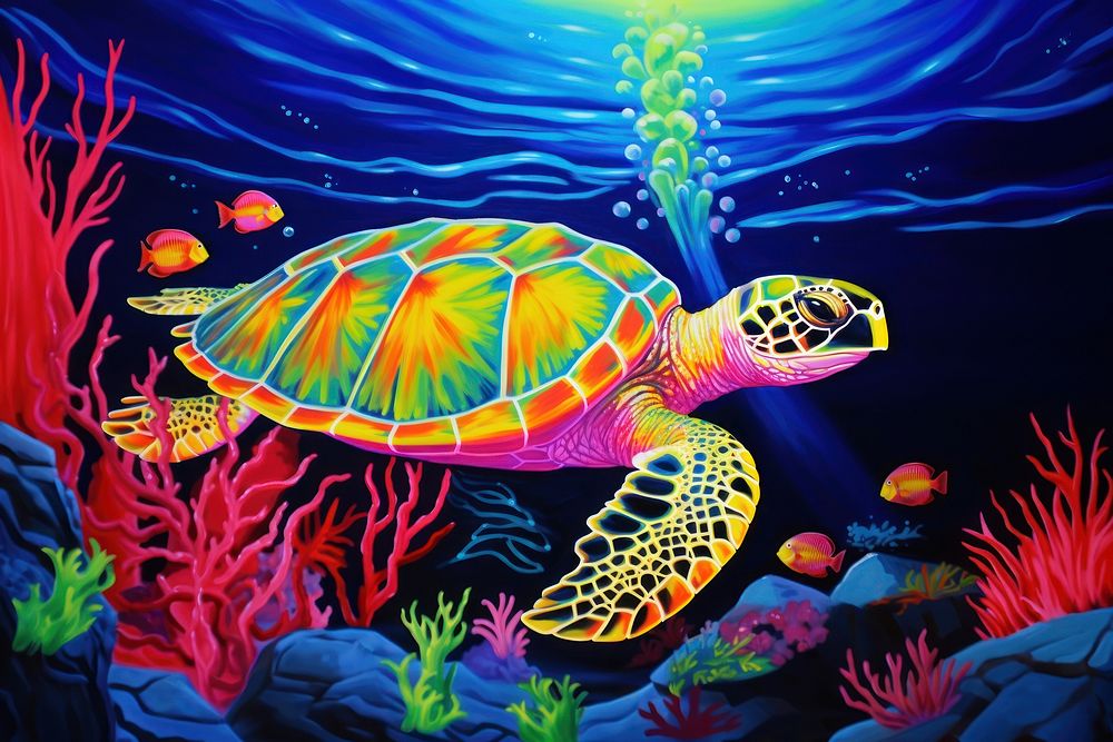 A sea turtle eating seaweed outdoors painting reptile.
