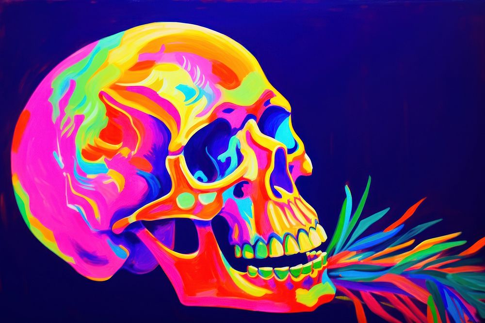 Skull painting purple yellow.