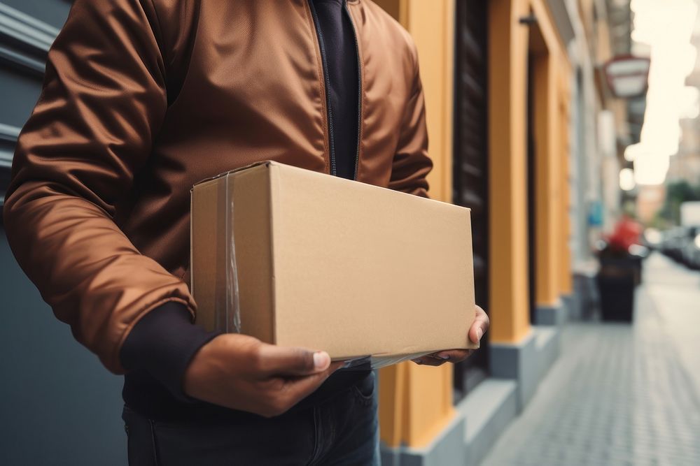 Delivery man holding a box cardboard architecture.