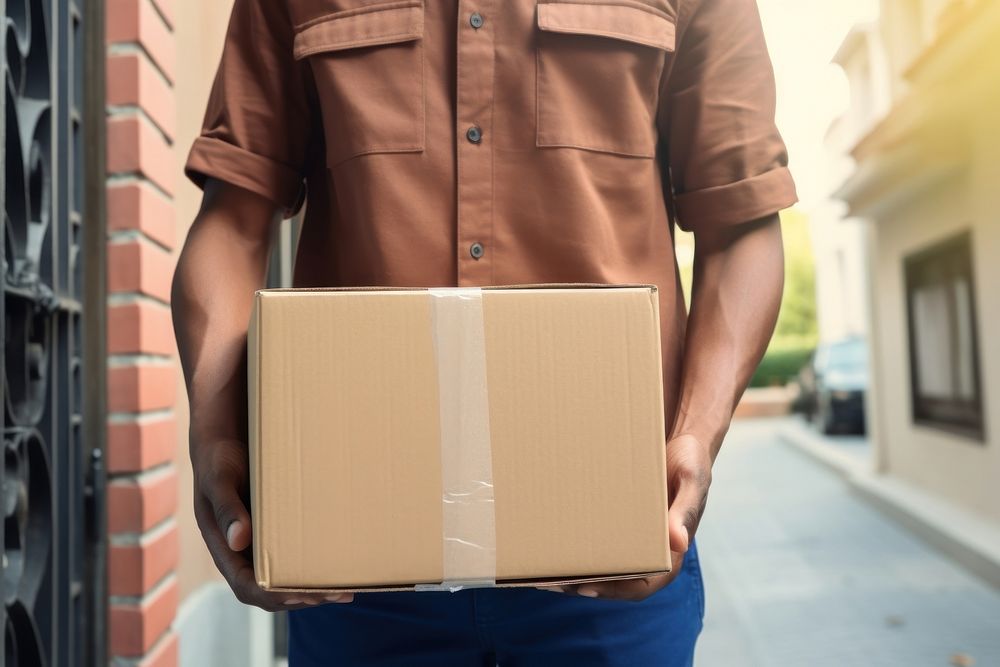 Delivery man holding a box cardboard adult.