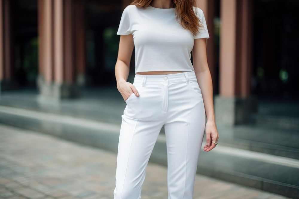 White jeans sleeve adult pants.