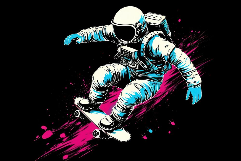 CMYK Screen printing astronaut snowboarding sports futuristic.