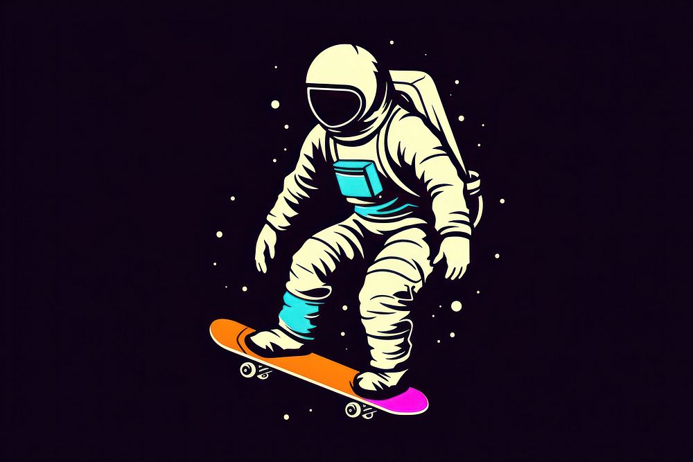 CMYK Screen printing astronaut snowboarding sports recreation.