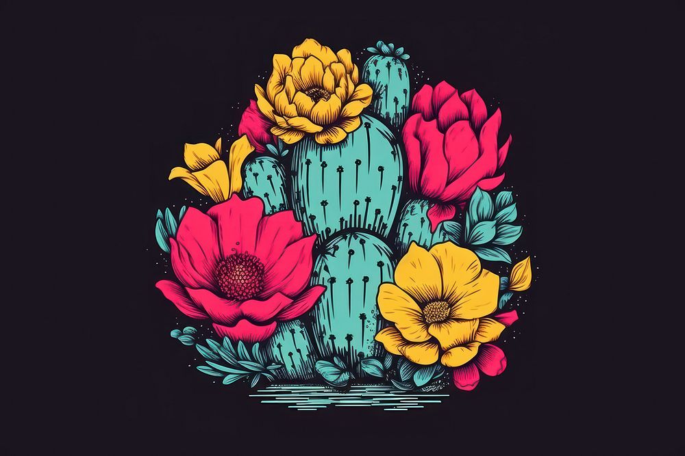 CMYK Screen printing cactus pattern flower plant.