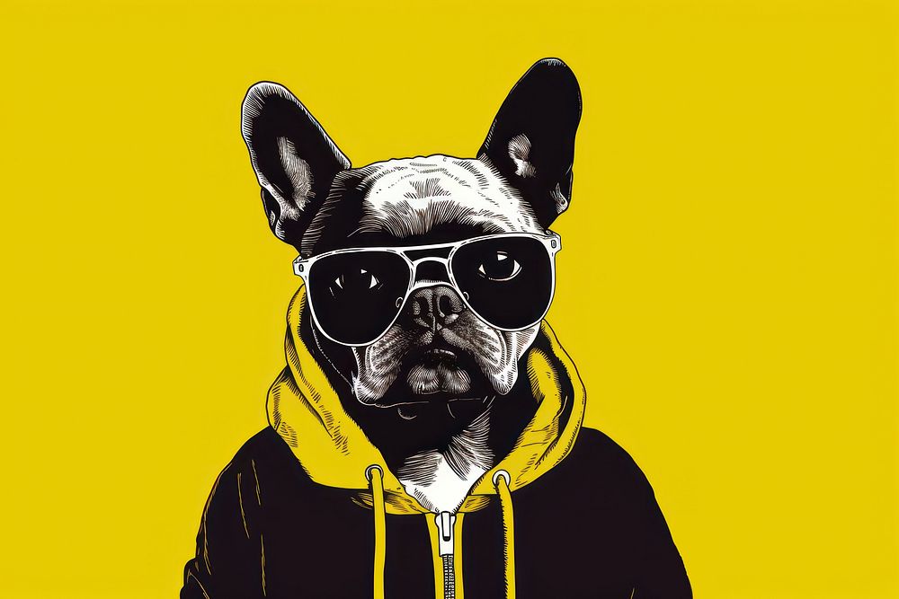 CMYK Screen printing dog sunglasses bulldog mammal.
