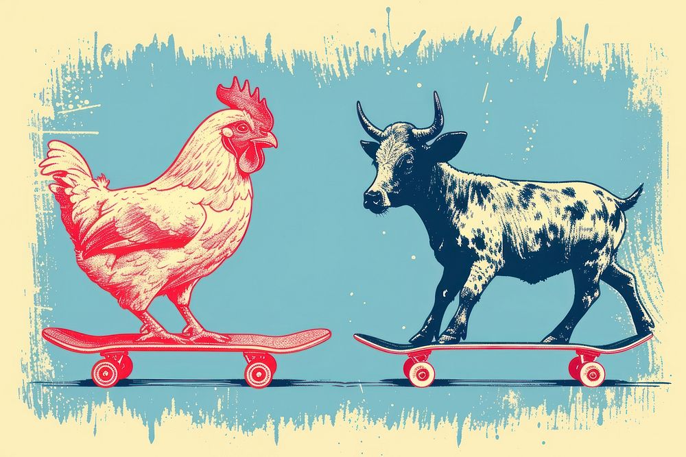 CMYK Screen printing farm animals skateboard livestock chicken.
