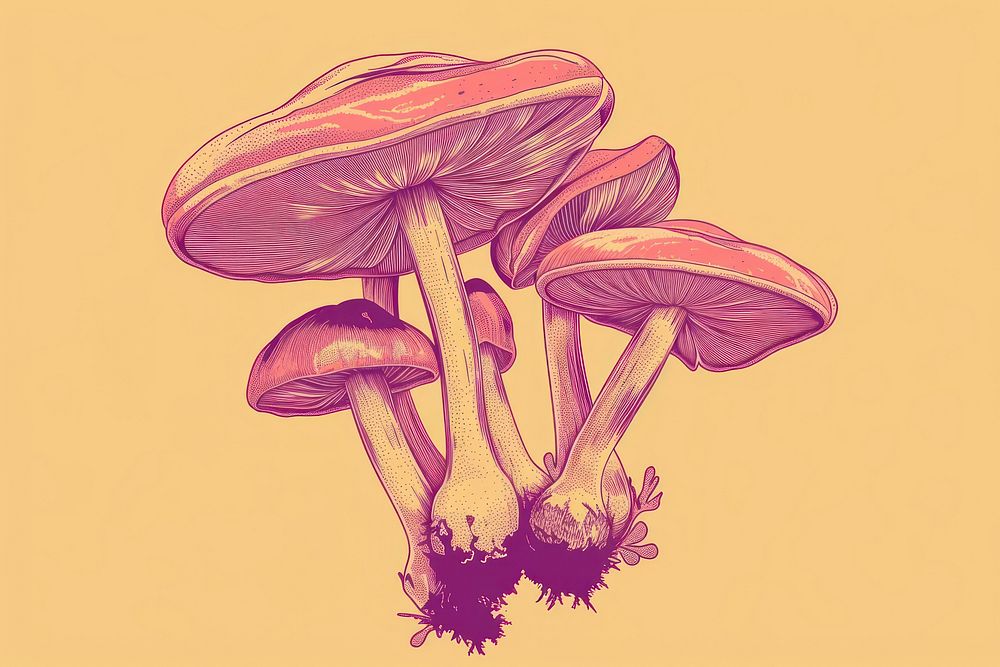 CMYK Screen printing mushroom drawing fungus sketch.