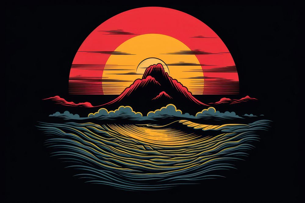 CMYK Screen printing sunset mountain nature ocean.