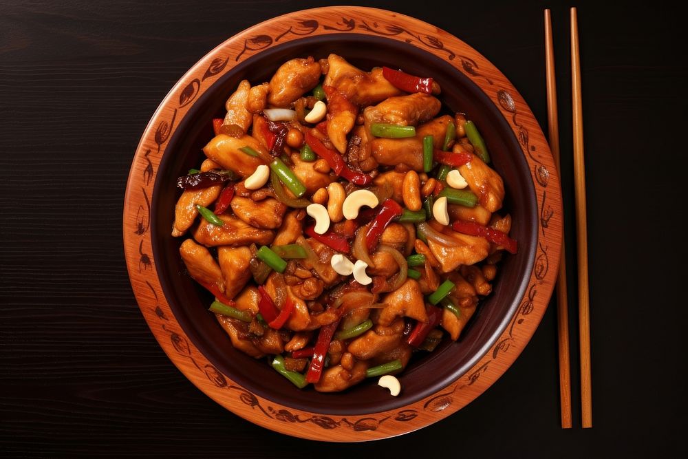 Chinese kung pao chicken chopsticks food dish.