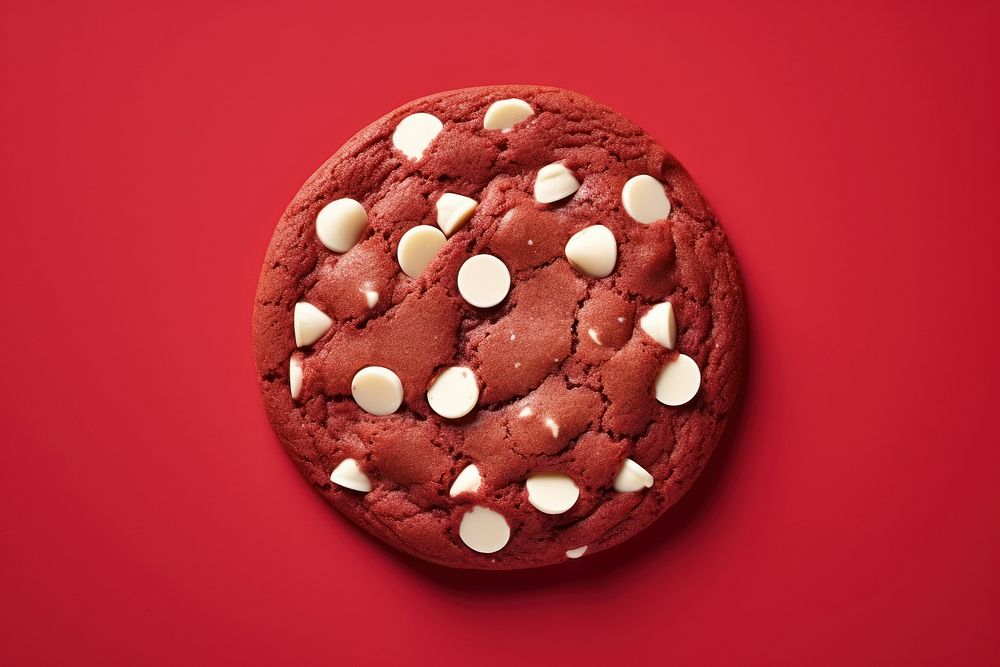 Red velvet cookie with white chocolate chips dessert food confectionery.