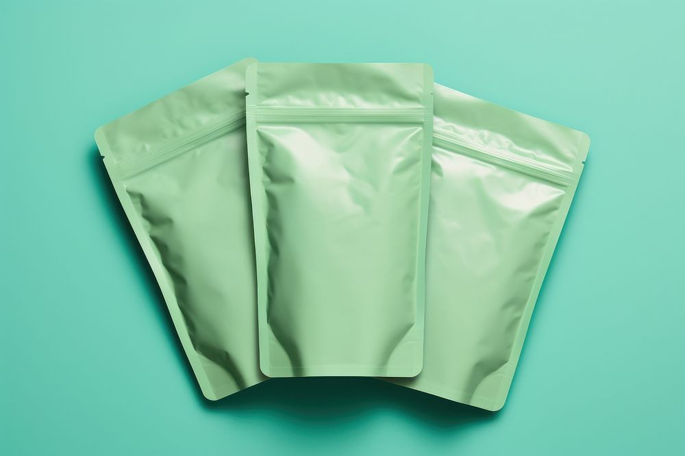 Protein powder pouch green paper green background.