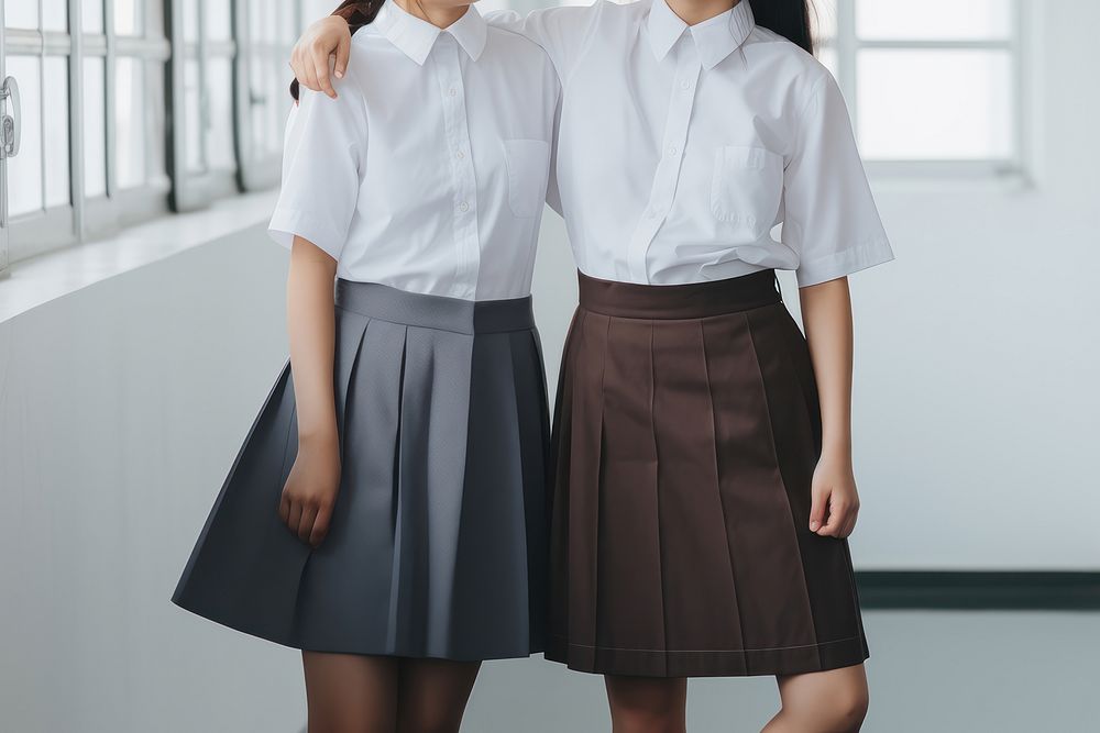 Cheerful young women laughing while standing together wearing white student uniform and skirt togetherness architecture…