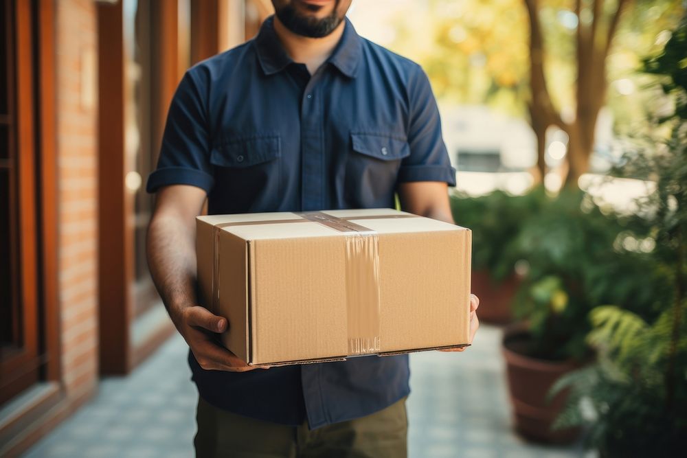 Male employee holding a box cardboard architecture.