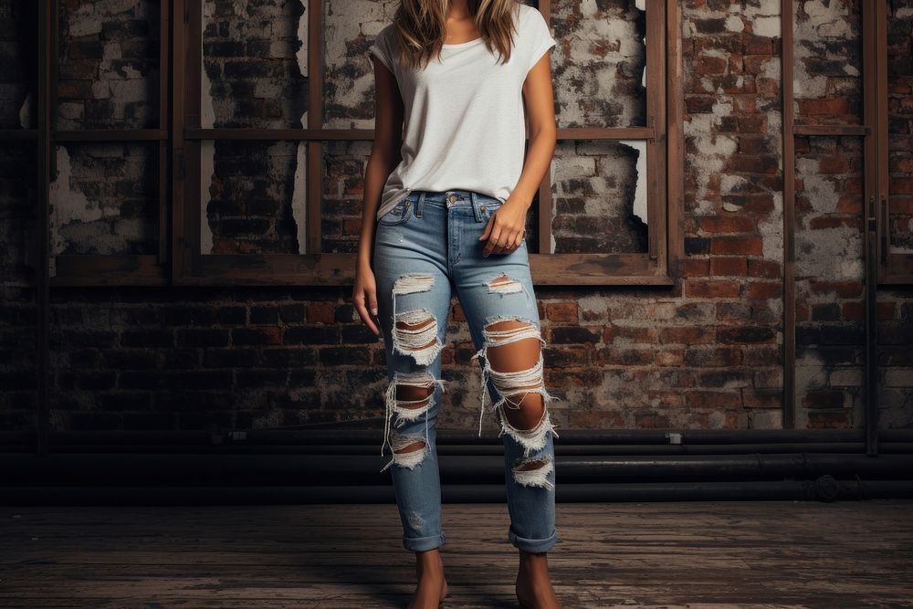 Ripped jeans mockup denim individuality midsection.