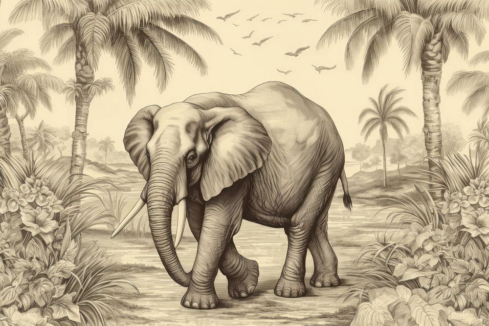 Vintage wallpaper elephant drawing sketch.
