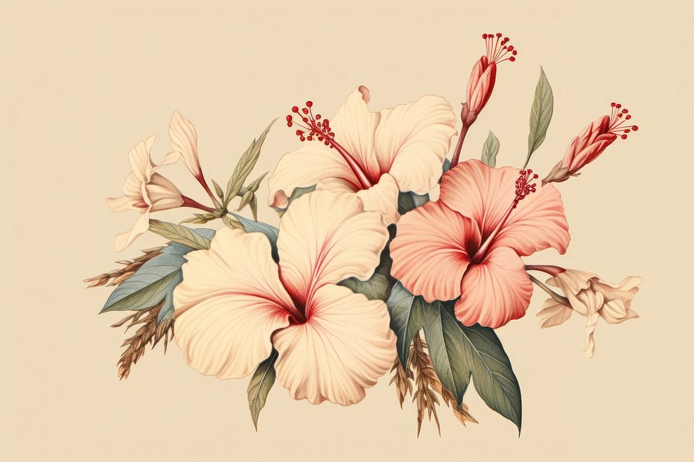 Vintage drawing of flowers hibiscus sketch plant.