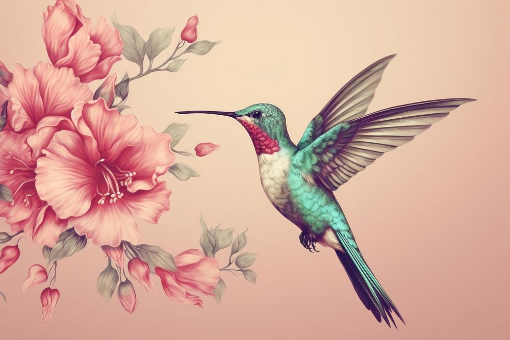 Drawing of flying bird flower hummingbird animal.