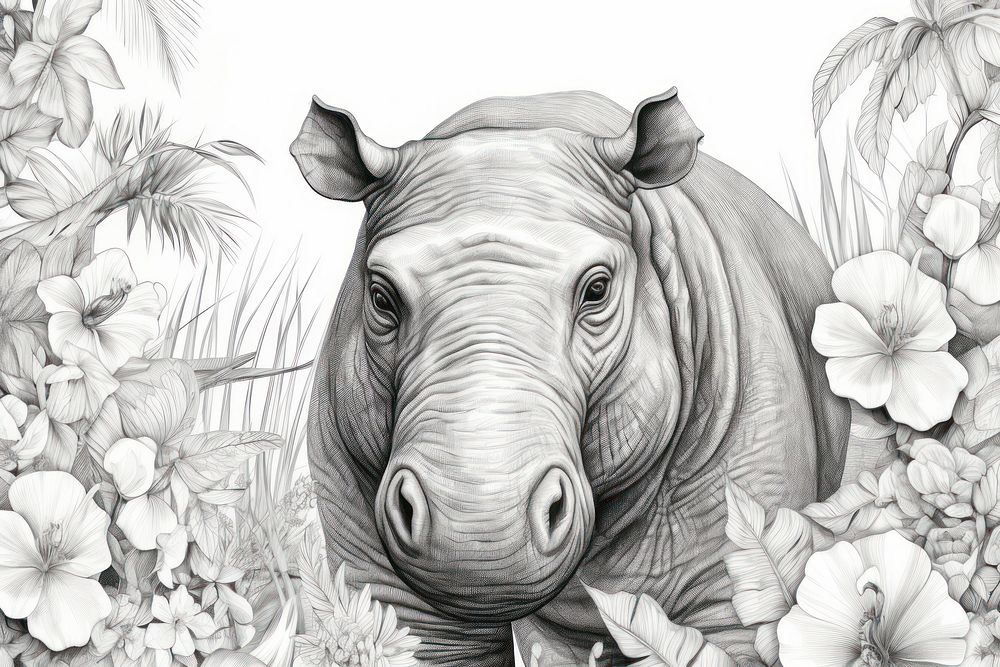 Drawing of hippo sketch wildlife pattern.