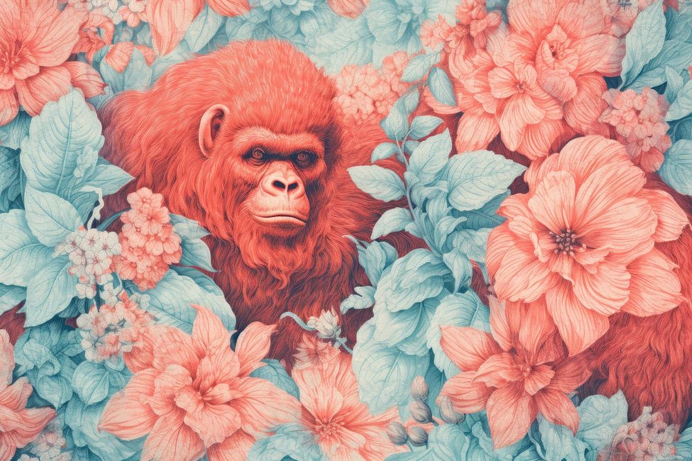 Pastel monotone seamless orangutan flower backgrounds wallpaper.