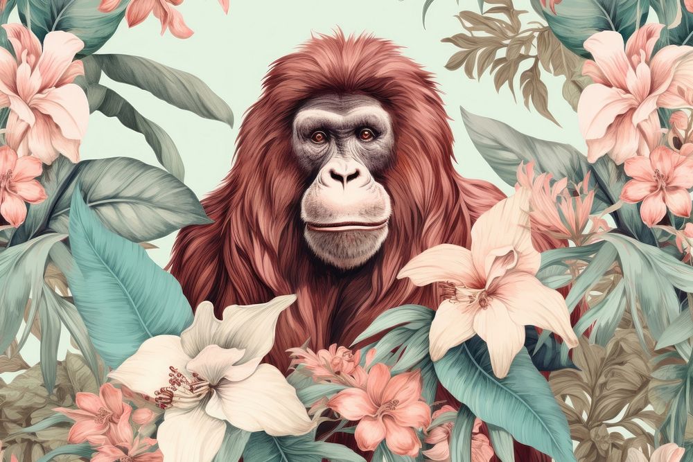 Pastel monotone seamless orangutan wildlife pattern monkey.