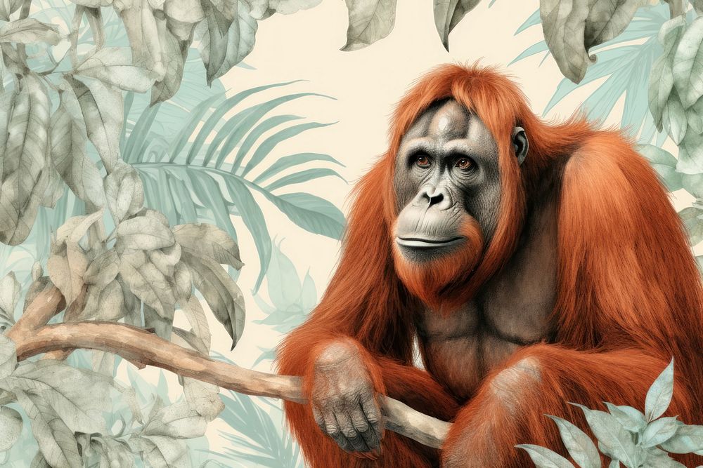 Pastel monotone seamless orangutan ape wildlife monkey.